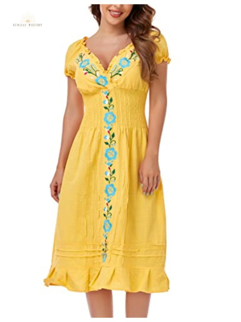 Women Mexican Embroidered V-Neck Ruffle Summer Casual Dress